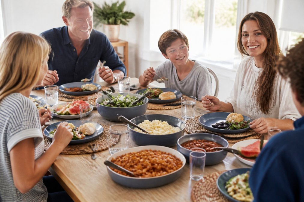 Family gathering around a dining table with casual melamine dishes and serving bowls, showing relaxed everyday entertaining with fresh salads and comfort food