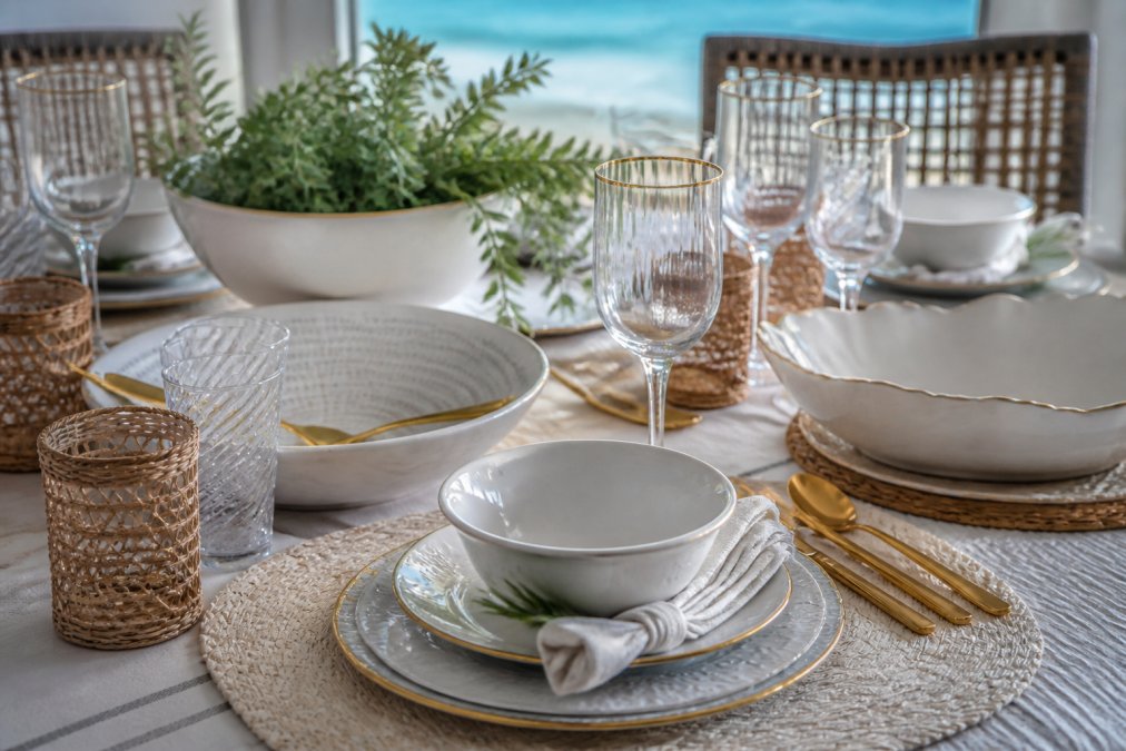 Elegant table setting with mixed dinnerware styles, featuring white porcelain bowls, textured serving pieces, and gold-trimmed dishes arranged on a coastal-inspired table with natural light