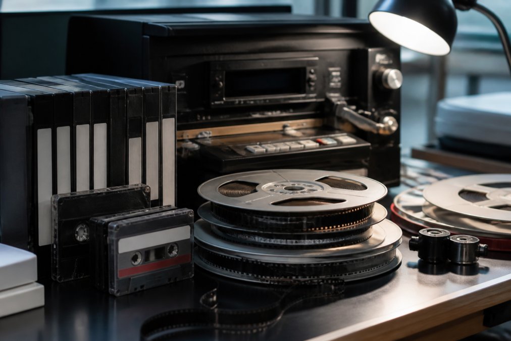 Close-up of professional video transfer equipment with VHS tapes, film reels, and audio cassettes arranged on a workbench in a media conversion studio with task lighting
