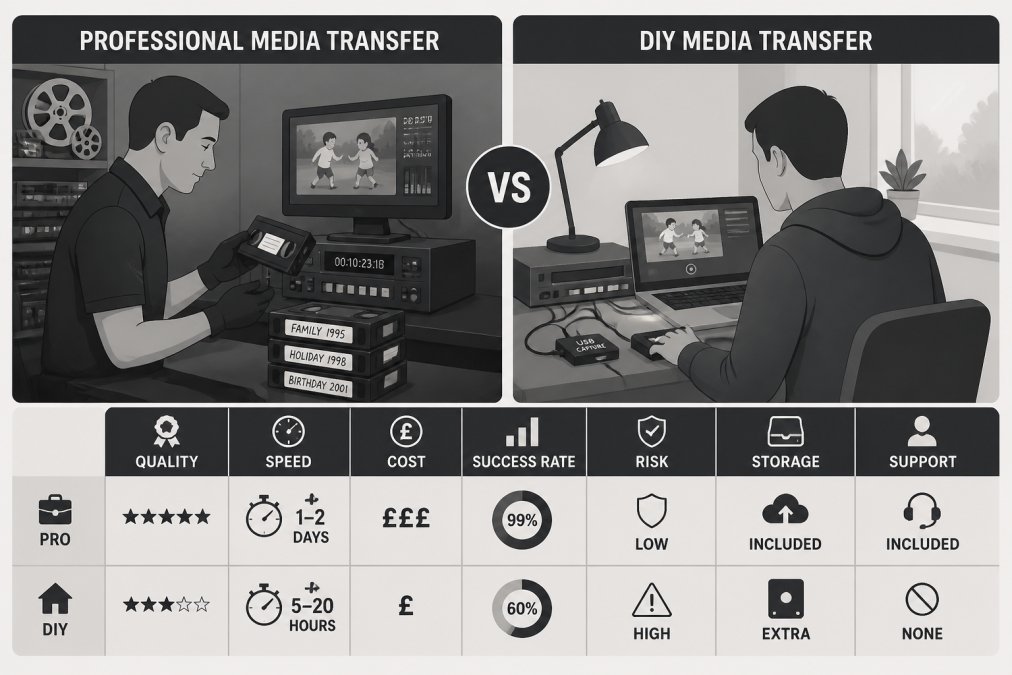 Side-by-side scene showing one side with a person carefully handling old VHS tapes with professional equipment in a media conversion studio, the other side showing DIY setup with consumer capture card and computer at a home desk with natural window lighting