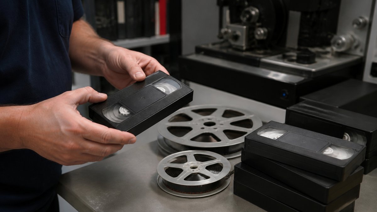 Professional hands carefully handling vintage VHS tapes and film reels on a work table with professional digitisation equipment visible in the background