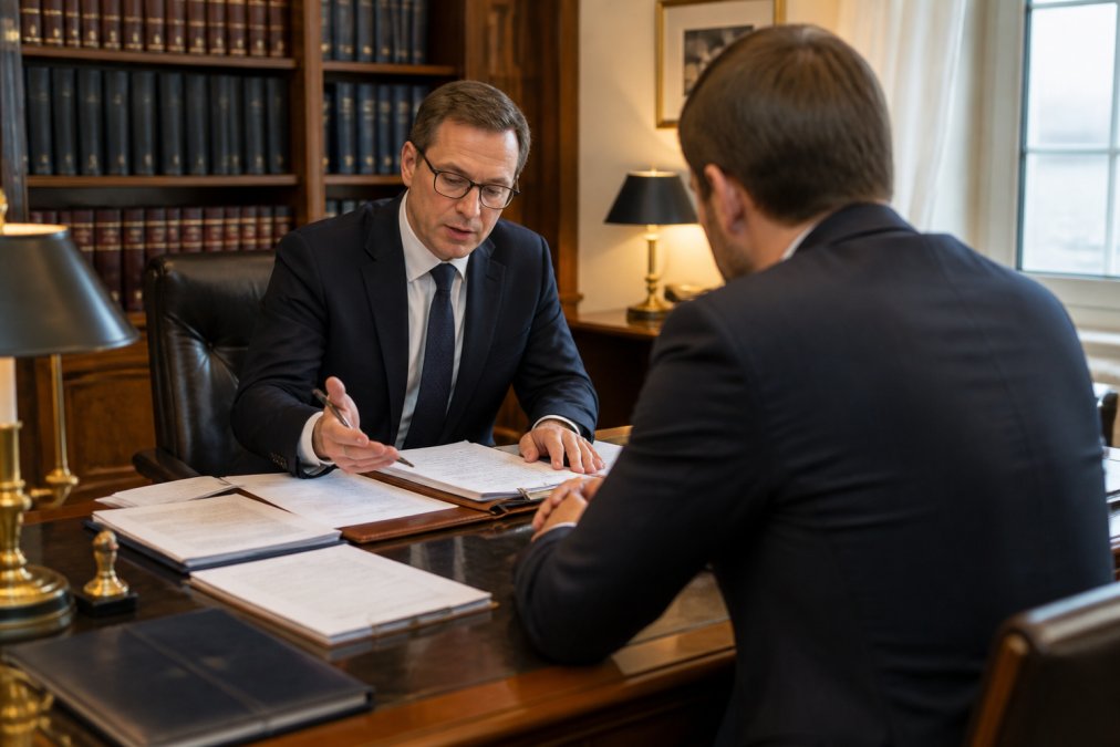 Ein Notar sitzt an einem Schreibtisch und bespricht mit einem Geschäftsführer ein Treuhanddokument, mehrere Verträge und Unterlagen liegen ordentlich auf dem Tisch, warmes Bürolicht