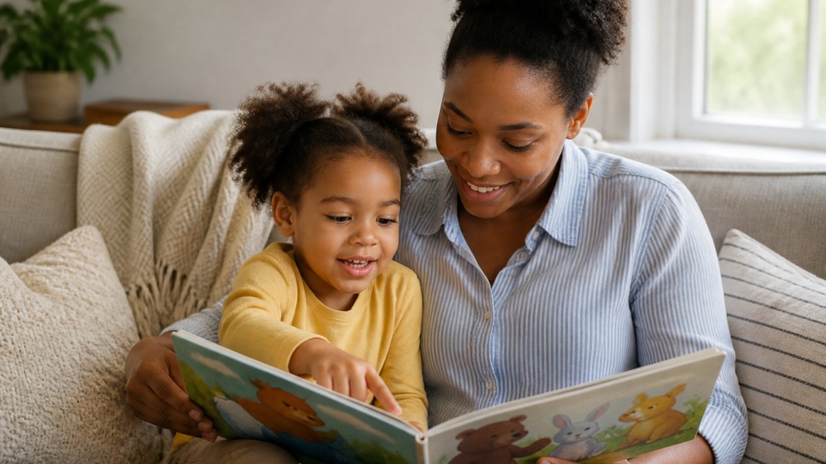 A parent and young child reading a colorful picture book together on a cozy couch, the child pointing at an illustration of animal friends, warm natural light through a window