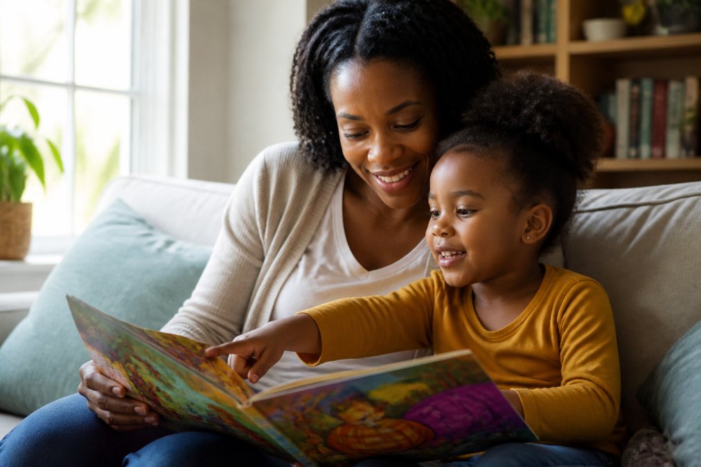 Parent and child sitting together on a comfortable couch reading a colorful storybook, the child pointing at illustrated characters while the parent smiles, warm natural light from a nearby window illuminating the pages