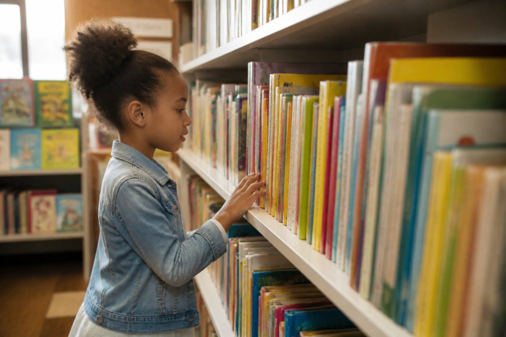 Child browsing a shelf of colorful children's books in a bright library or bookstore, examining both traditional and independently published titles, fingers tracing along the spines