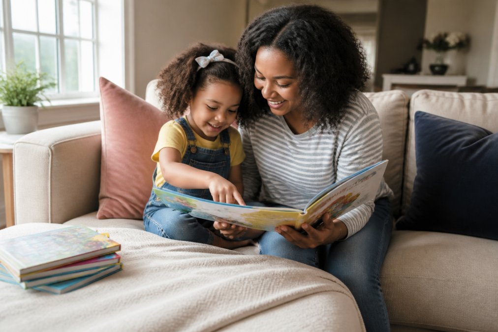 Parent and child reading colorful indie storybooks together on a cozy couch in warm natural light.