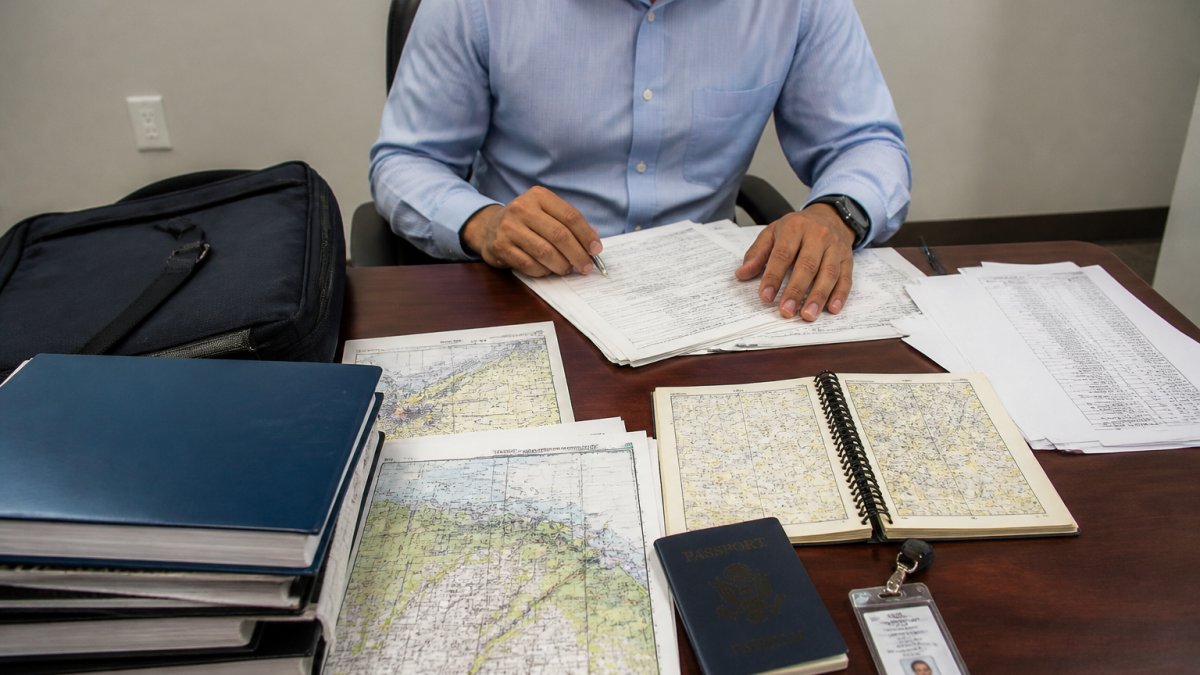 Professional dispatcher candidate sitting at organized desk with required documents, identification, weather charts, and flight planning materials neatly arranged before entering exam location