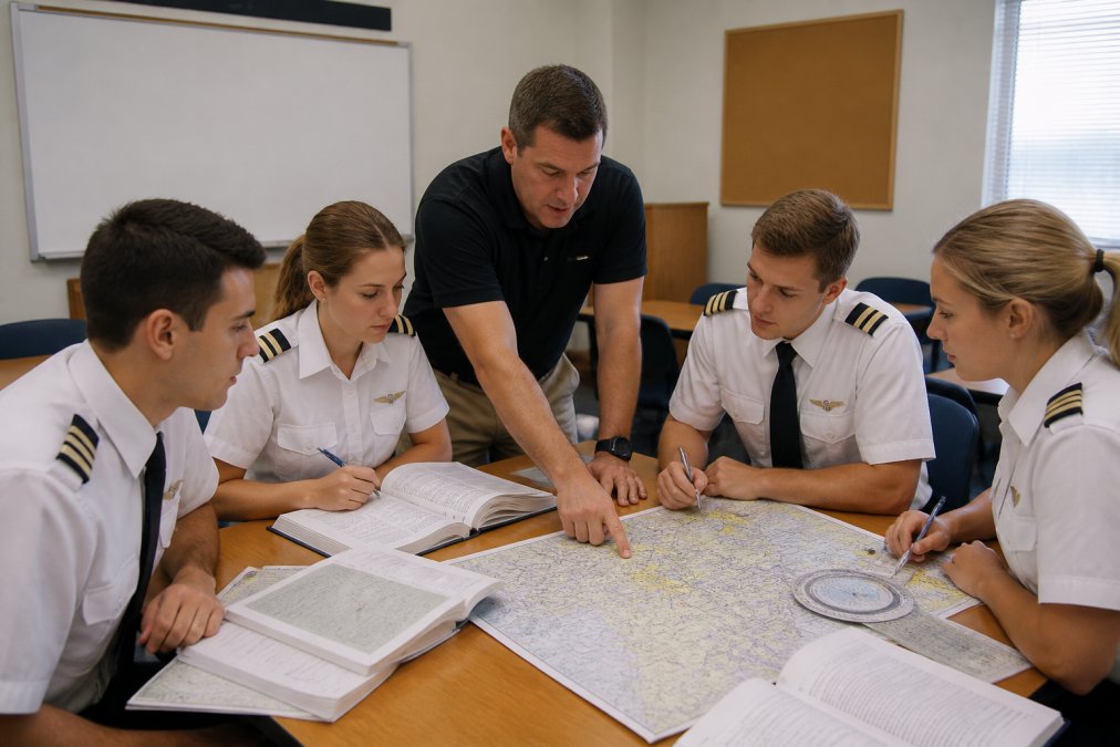 Small classroom setting with instructor and aviation students reviewing flight planning materials and aeronautical charts at a table with training materials