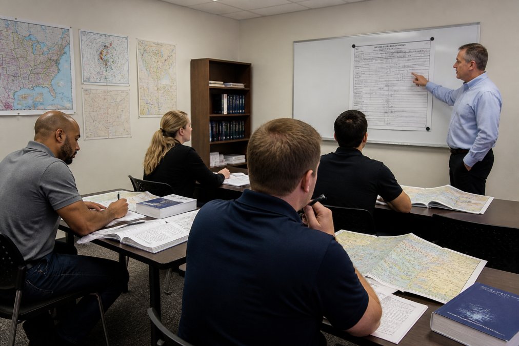 A small classroom of adult students reviewing aviation weather charts and flight plans at individual desks, with an instructor pointing to a whiteboard showing a sample dispatch release form; bright fluorescent lighting, aviation textbooks and sectional charts visible on the tables
