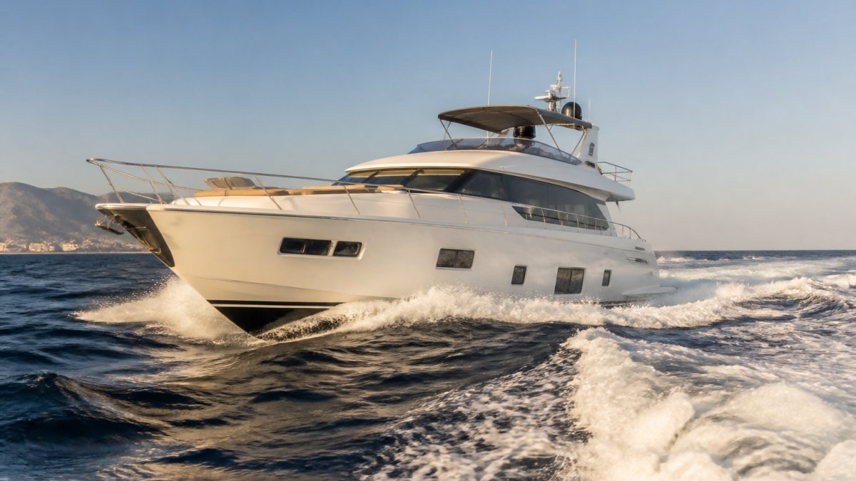 Luxury motor yacht hulls cutting through choppy Mediterranean waves during a golden afternoon cruise
