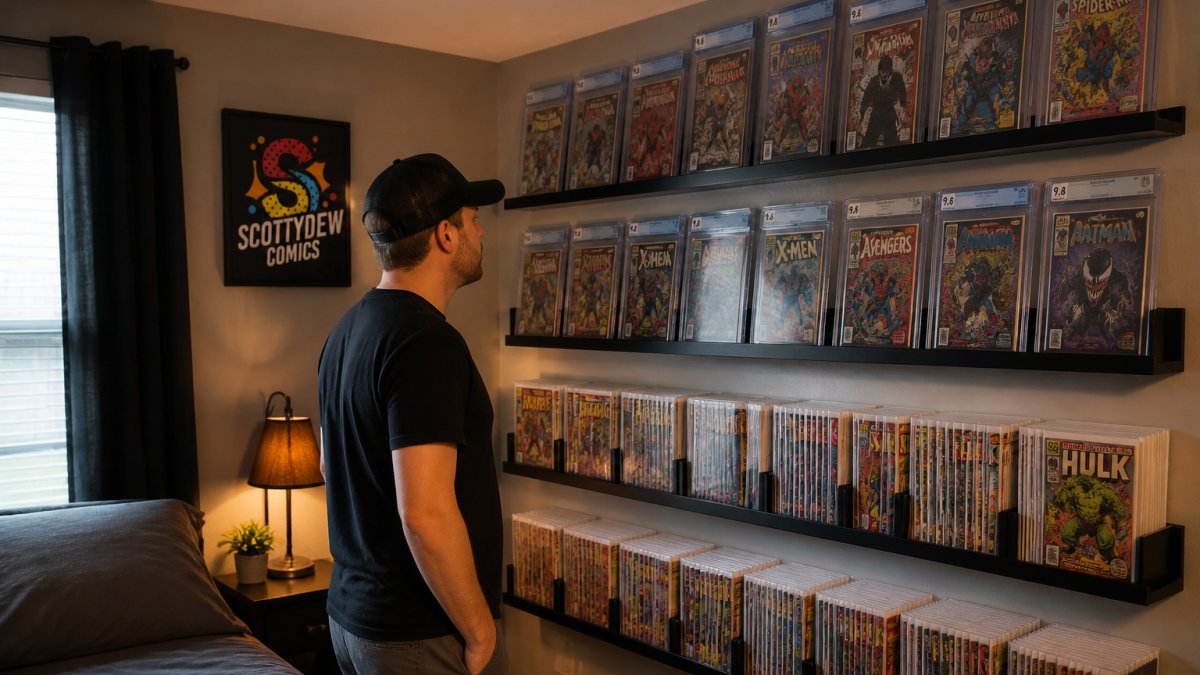 Well-organized comic book collection displayed on floating shelves in a small apartment bedroom, showing graded slabs and bagged comics arranged vertically with warm lighting and minimal wall space used