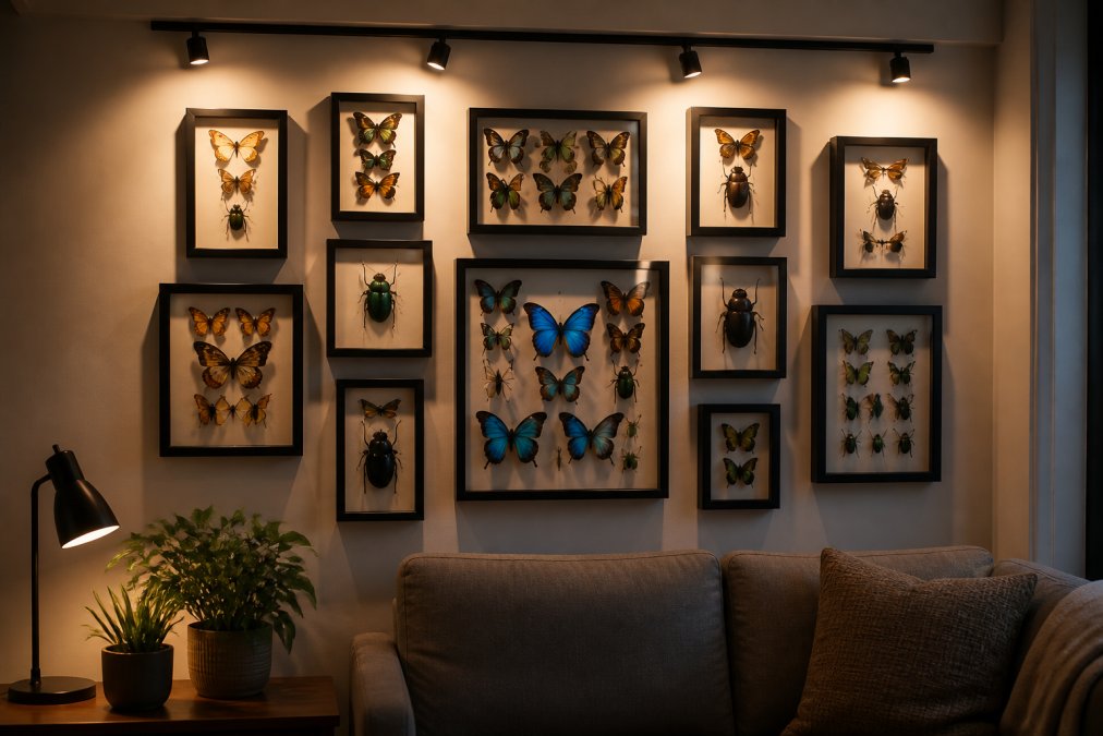 Shadowbox frames with preserved butterflies and beetles arranged as a gallery to display insects apartments.