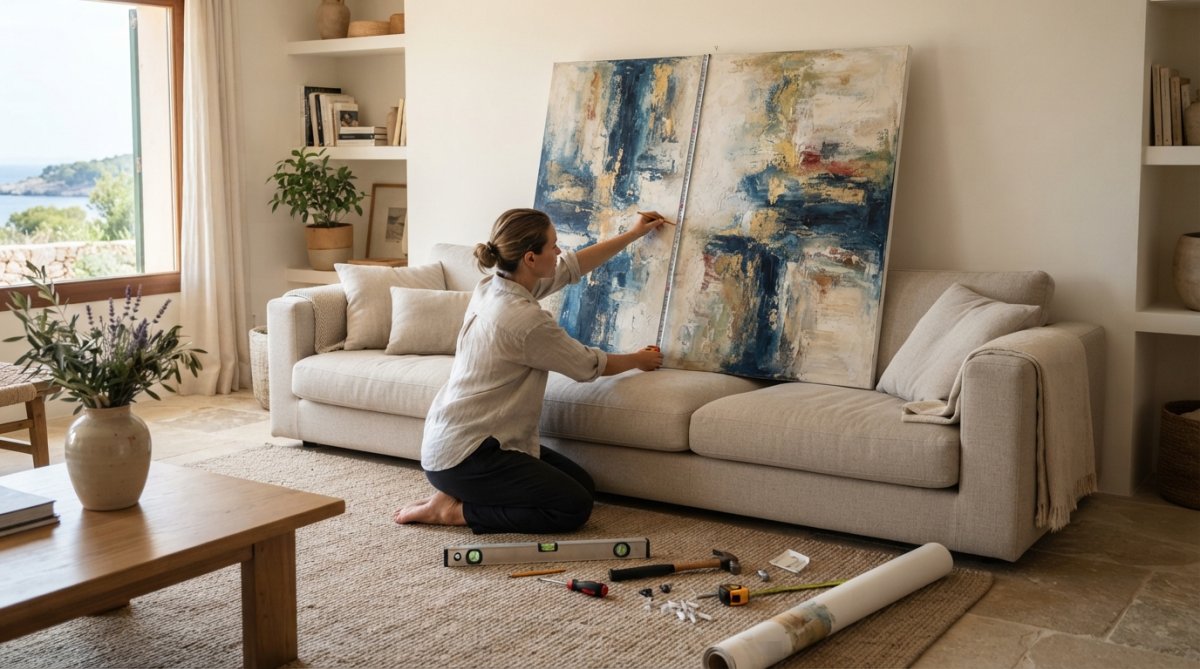 A spacious modern living room with a large oversized abstract canvas in deep blues and golds hanging above a neutral sofa, showing proper eye-level placement with balanced surrounding furniture and natural light from windows