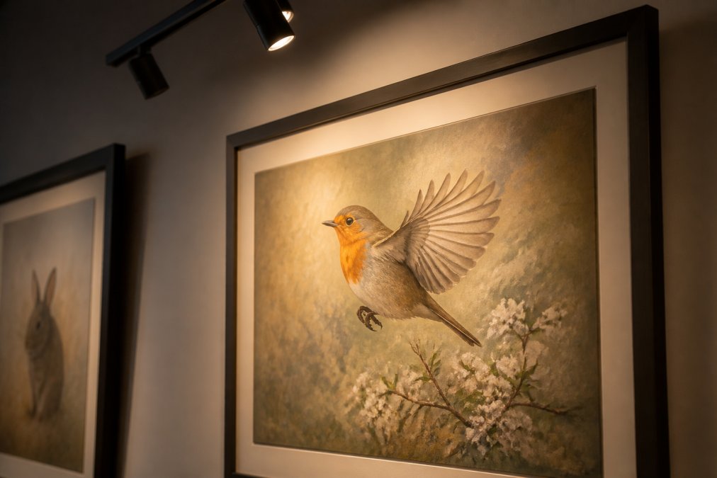 Close-up of a framed bird artwork illuminated by warm gallery-style track lighting, showing how the light enhances the colours, texture, and detail in the painting, with subtle shadows highlighting the composition