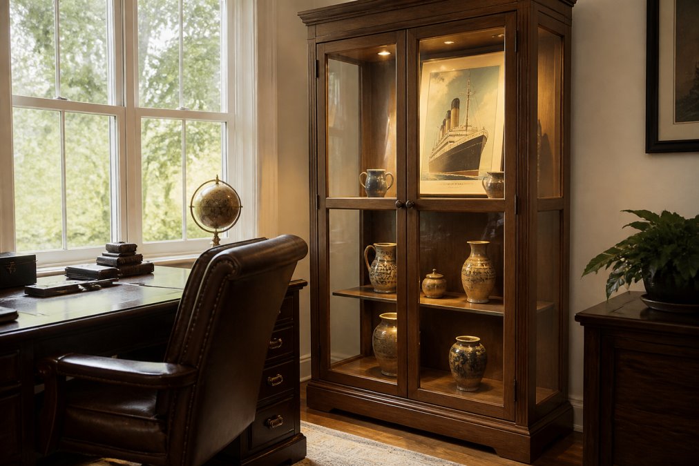 A well-lit home office corner with a glass-front wooden display cabinet holding a framed vintage poster and small ceramic artifacts, a desk and leather chair nearby, warm afternoon light through a window