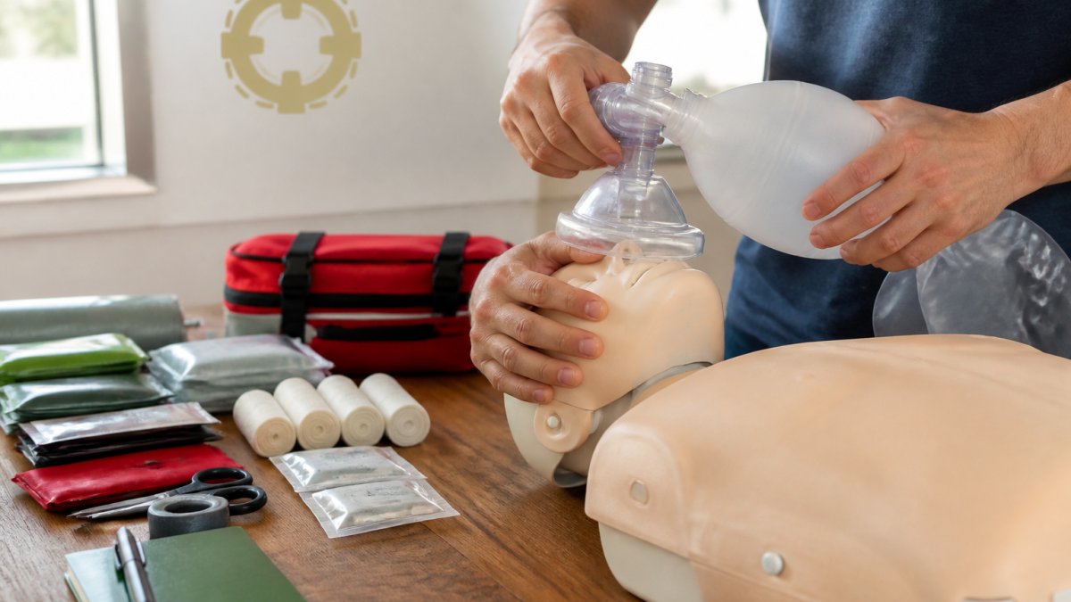 A close-up of hands demonstrating proper mask seal on a CPR training manikin using a disposable bag valve mask, with a first aid kit visible in the background