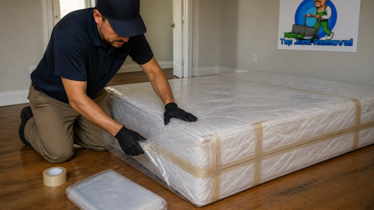 Professional carefully wrapping a mattress in heavy-duty plastic sheeting with sealed edges, tape visible, showing proper containment technique in natural lighting
