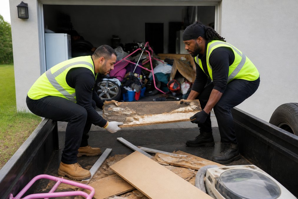 Two professional workers in safety vests and gloves loading heavy construction debris and wood scraps into a truck bed, demonstrating proper lifting technique with bent knees