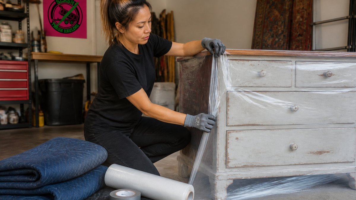 A homeowner in work gloves carefully wrapping the edge of an old painted wooden dresser with plastic sheeting in a garage, moving blankets and tape nearby