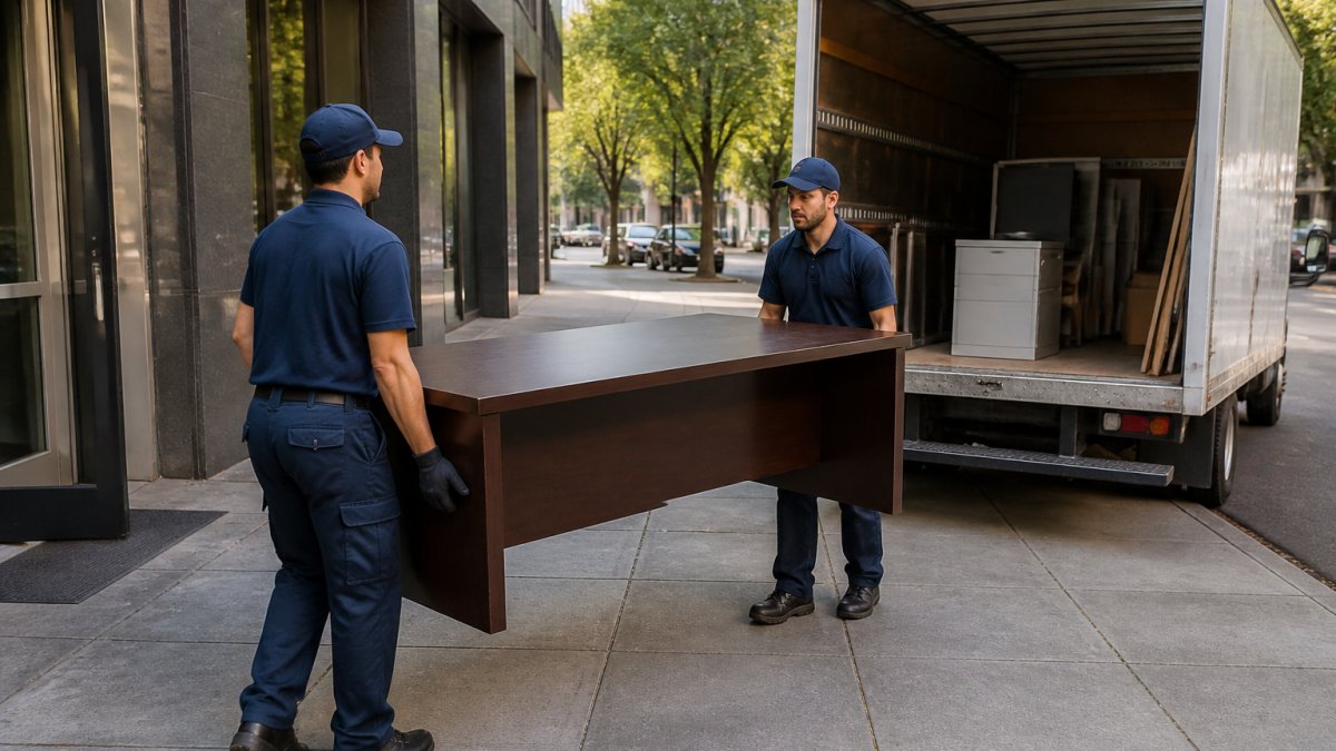 Two workers in work clothes carrying a large office desk out of a commercial building and loading it into a hauling truck parked on a city street