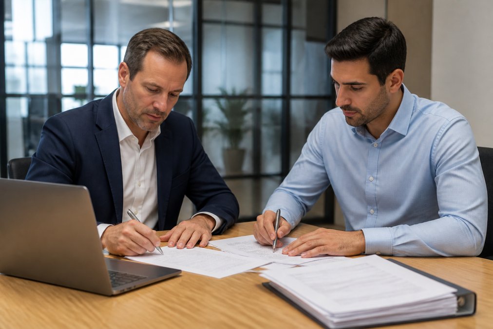Two business partners reviewing and signing dissolution paperwork at a wooden conference table, with a laptop and legal documents visible