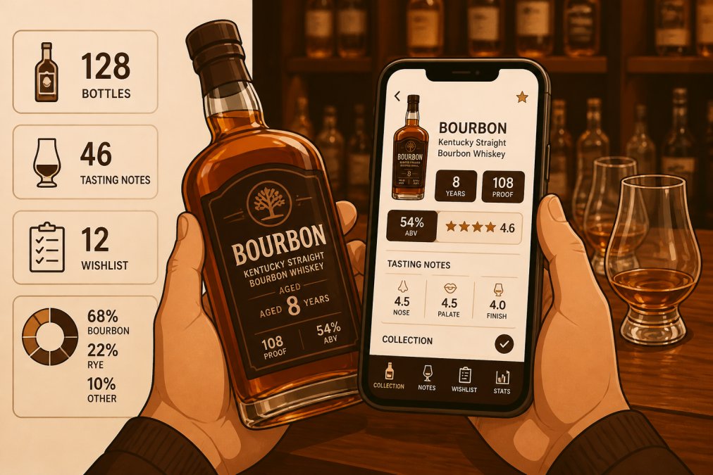 Close-up of hands holding a bourbon bottle while reviewing bottle details on a smartphone app, with whiskey glasses and a wooden bar counter in the background, warm lighting from bar ambiance
