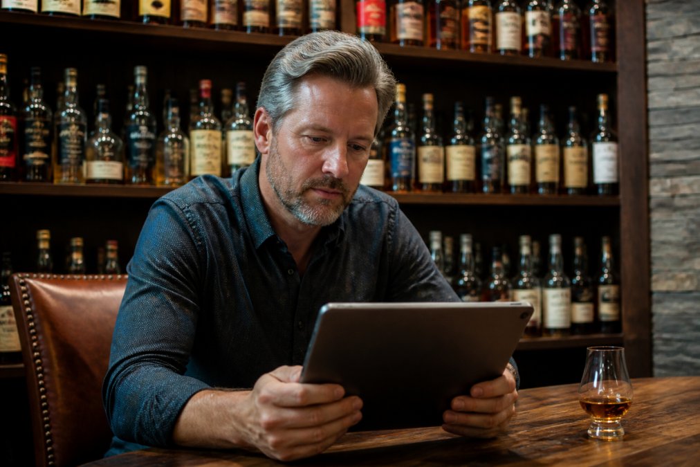 Bourbon collector reviewing their extensive digital collection on a tablet, with shelves of bourbon bottles visible in the background, studying the screen intently