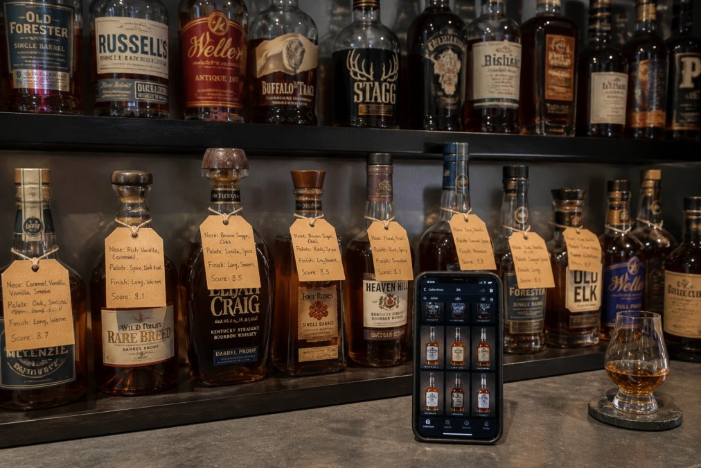 A well-lit home bar shelf with an assortment of bourbon and whiskey bottles, some with handwritten tasting tags around the neck, with a smartphone on the counter in front displaying a collection app interface