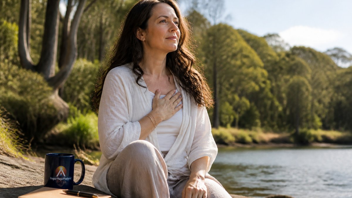Distinguish Intuition From Fear in Relationships 1 Person sitting peacefully on a natural outdoor surface, hand resting on her heart, gazing calmly into the distance with a grounded, centred expression and soft natural lighting