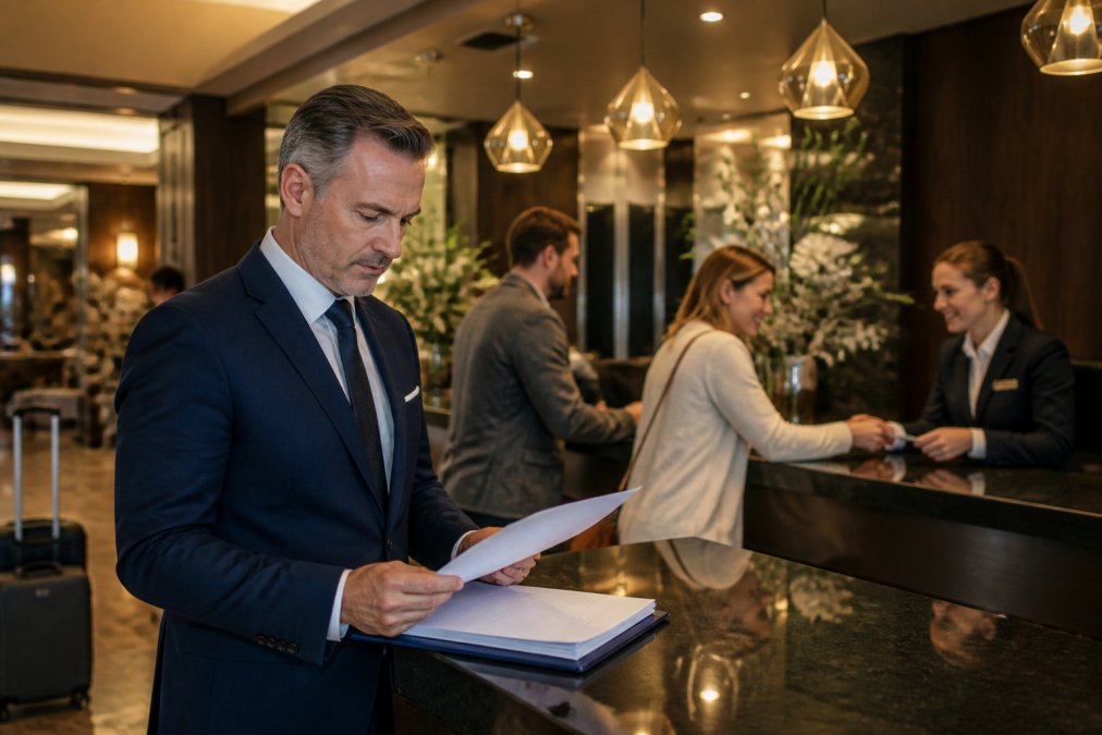 A hotel general manager reviewing insurance documents at a front desk while staff assist guests in the background, warm lobby lighting