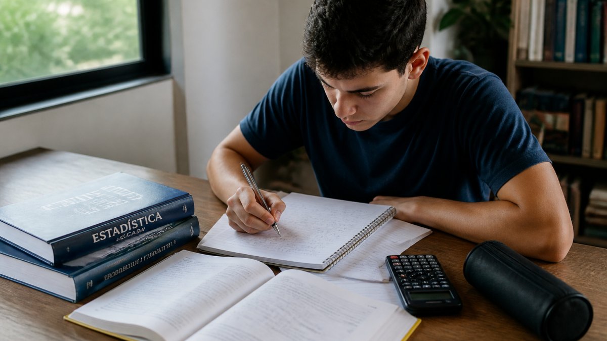Estudiante concentrado resolviendo problemas de matemáticas en una mesa de madera con libros de estadística, cuaderno abierto y calculadora científica bajo luz natural de ventana