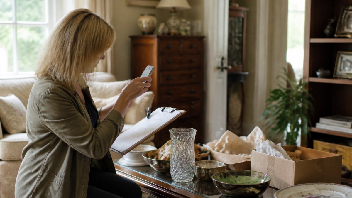 A person in a living room carefully reviewing paperwork and photographing furniture and belongings with a clipboard, natural window light, calm and organized atmosphere