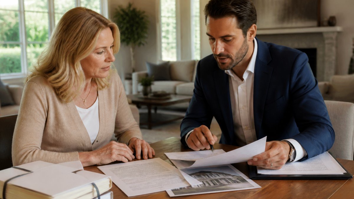 Personal representative reviewing probate real estate proceeds with an agent in a sunlit living room