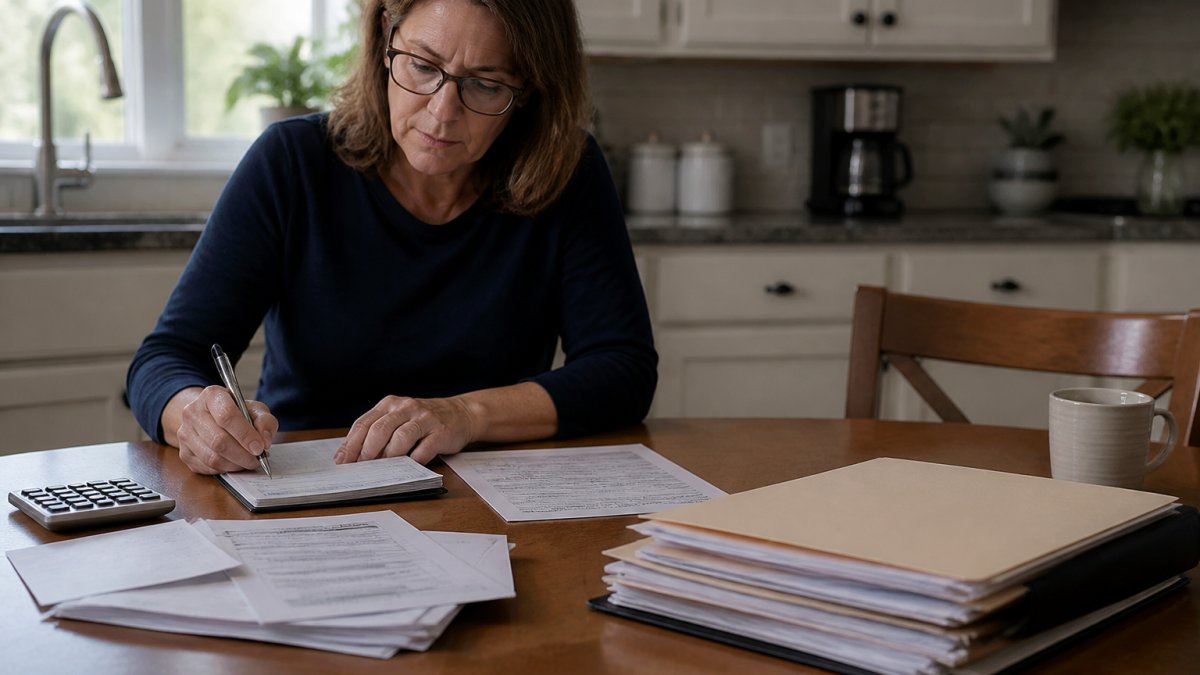 A woman in her fifties at a kitchen table reviewing estate paperwork and a checkbook ledger, with a laptop open to a spreadsheet and a folder of closing documents beside her