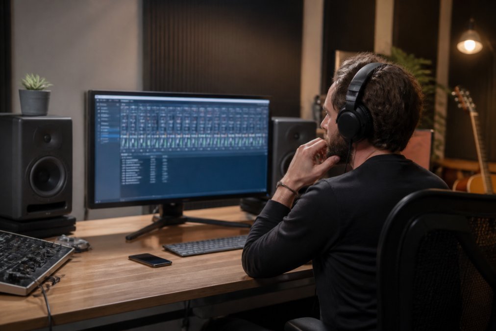 Record label manager reviewing detailed analytics dashboards and artist earnings reports on a desktop monitor in a modern studio office, with professional headphones and mixing equipment visible in the background