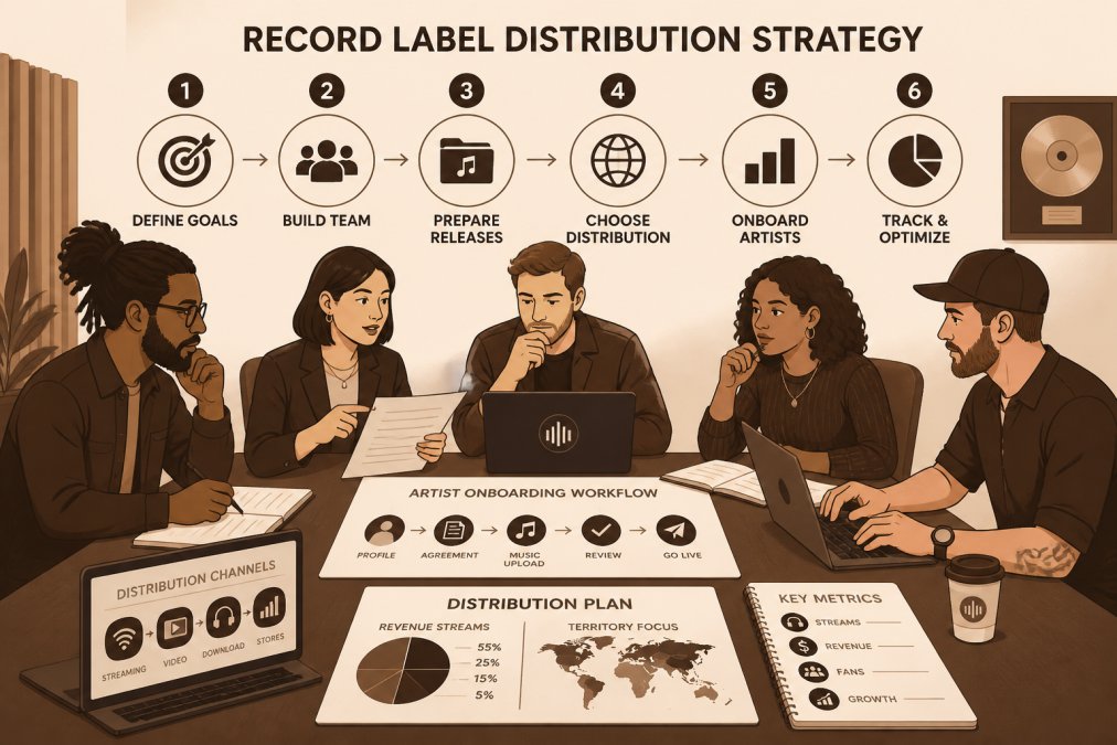 Team of music professionals collaborating at a conference table with laptops and notebooks, reviewing distribution strategy documents and artist onboarding workflows under professional office lighting