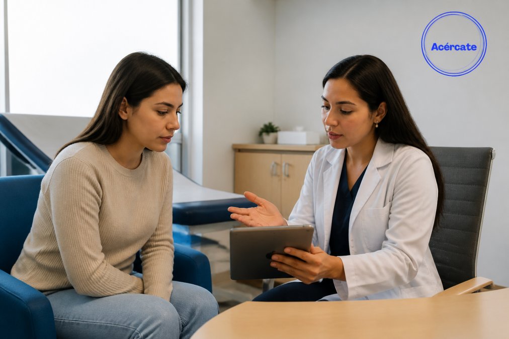 Mujer joven sentada en consultorio médico moderno, revisando información médica en tablet con expresión reflexiva y concentrada, mientras el médico explica opciones