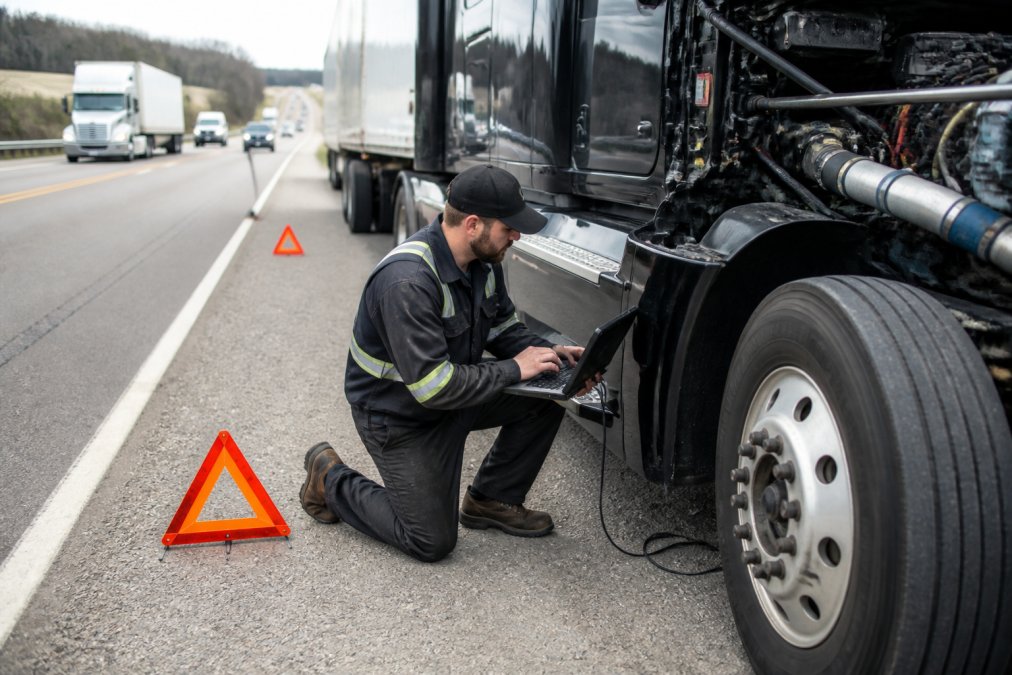 A diesel technician in work clothes kneeling beside a semi-truck on the shoulder of an interstate highway, holding a diagnostic laptop connected to the truck's engine bay, with orange safety triangles set out behind the rig and daylight traffic passing in the background