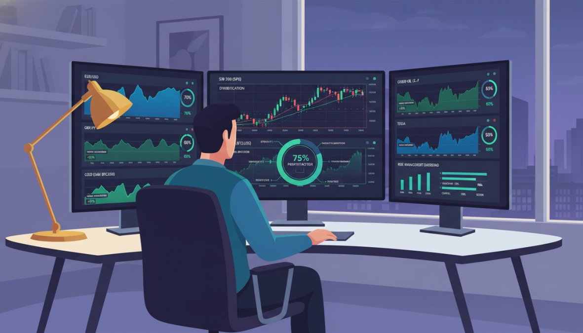 A focused trader sitting at a multi-monitor desktop setup displaying MT5 charts across different currency pairs and asset classes in a professional home [trading](/benefits-of-automated-trading-mt5/) office, with warm desk lamp lighting and multiple open chart windows visible on each screen
