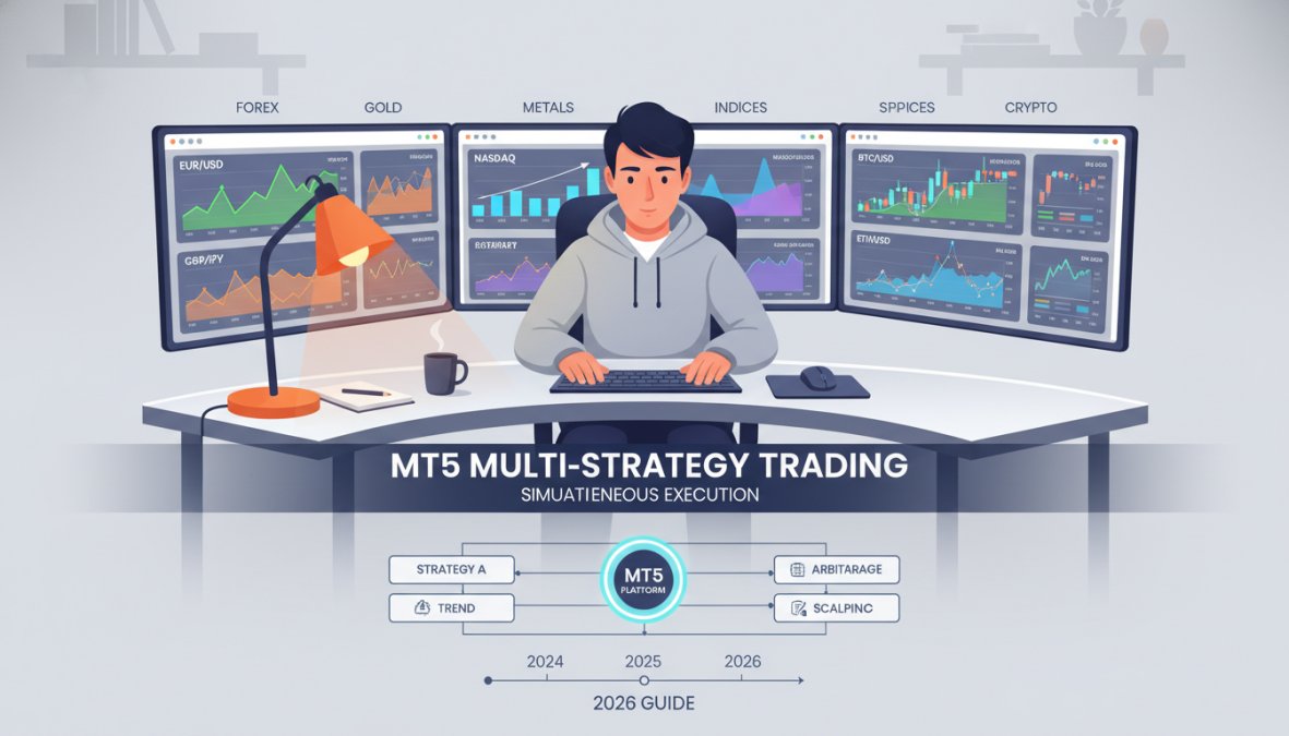 Close-up of a trader's hands typing on a mechanical keyboard with an MT5 platform open on a large widescreen monitor showing the strategy tester interface with performance results and equity curve visible on screen, soft natural light from a nearby window