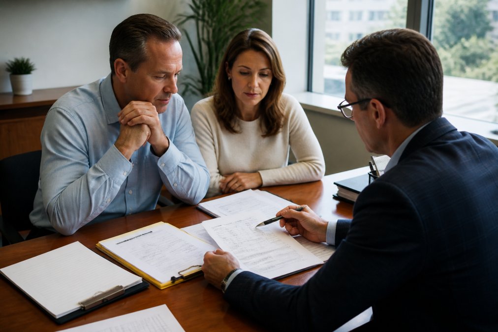 Professional couple meeting with financial advisor at desk reviewing retirement account statements and divorce settlement documents in modern office setting with natural lighting