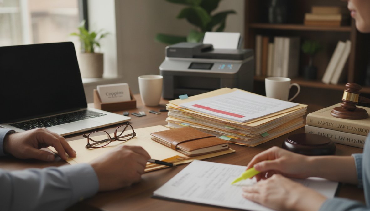 Professional organizing financial documents, tax returns, and bank statements on a desk with folders, calculator, and laptop for divorce discovery preparation