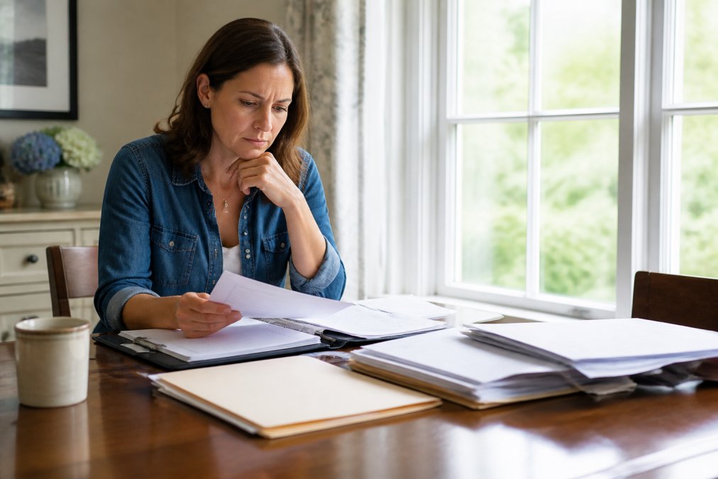 Person sitting at home reviewing legal documents and notes, thoughtfully considering options, natural lighting from window, surrounded by organized paperwork and folders