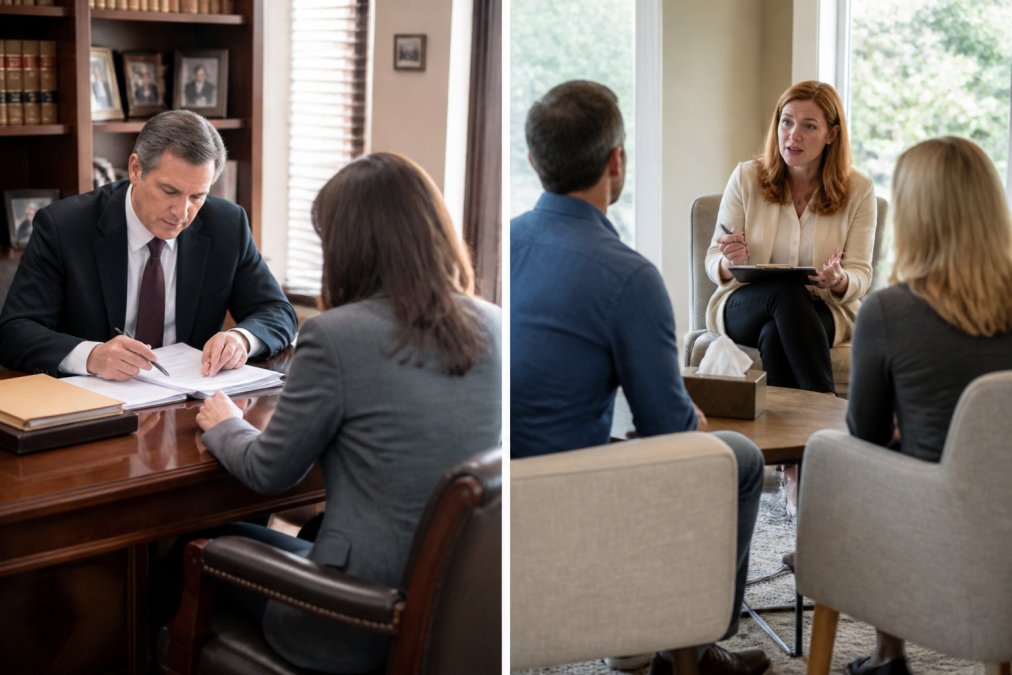 Professional divorce attorney seated at desk reviewing legal documents with client in formal office setting, contrasted with mediator facilitating conversation between two people in separate consultation space with neutral décor and natural lighting