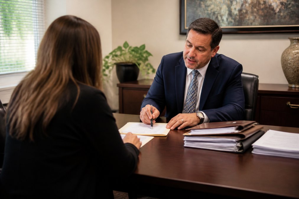 Client in professional consultation with experienced divorce attorney at conference table, reviewing separation agreement and discussing legal strategy with documents and case files visible, natural office lighting