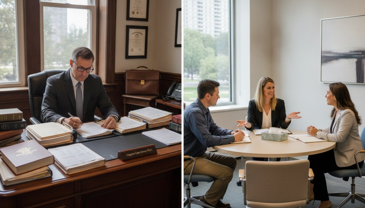 Two professionals in an office setting, one attorney at a desk with legal documents and case files, another mediator in a neutral meeting space with two people in respectful discussion