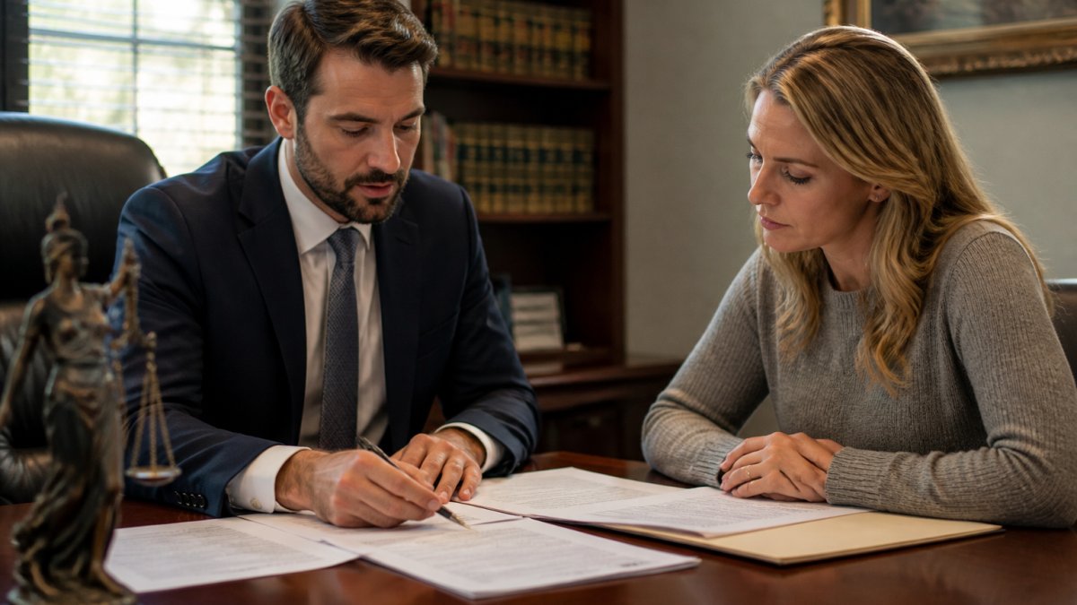 Attorney and client reviewing documents to compare divorce mediation vs litigation cost in a law office