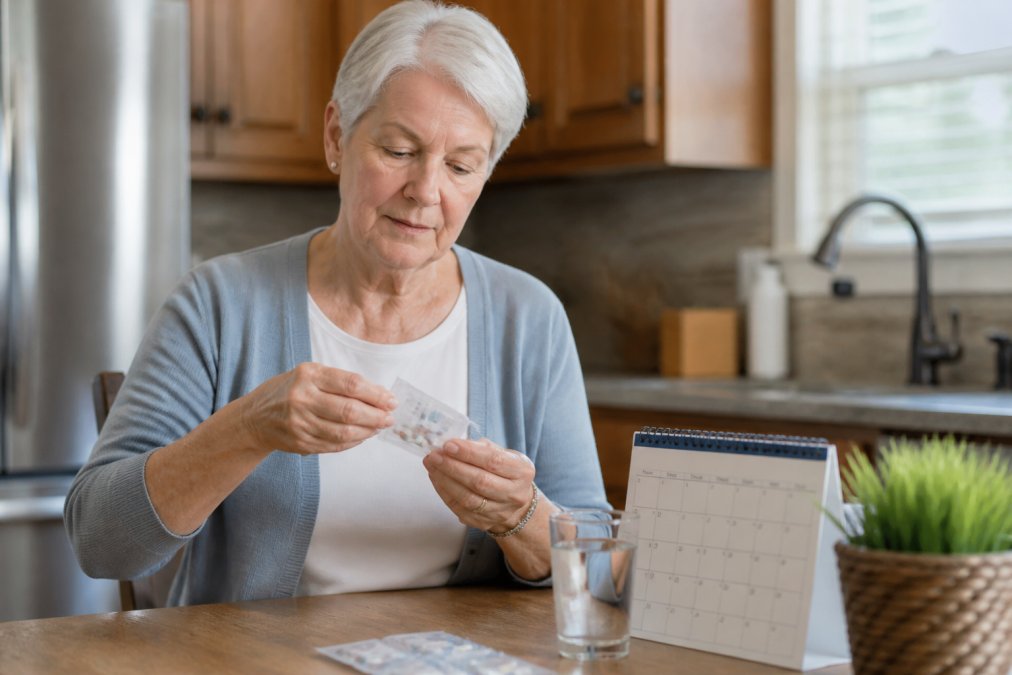 Senior adult opening a pre-sorted medication packet at a kitchen table, with a calendar and water glass nearby, showing the ease of daily dose management