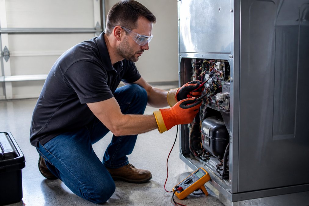 Homeowner wearing safety goggles and insulated gloves using a voltage tester on an open appliance panel, multimeter resting nearby on a clean floor, bright garage lighting