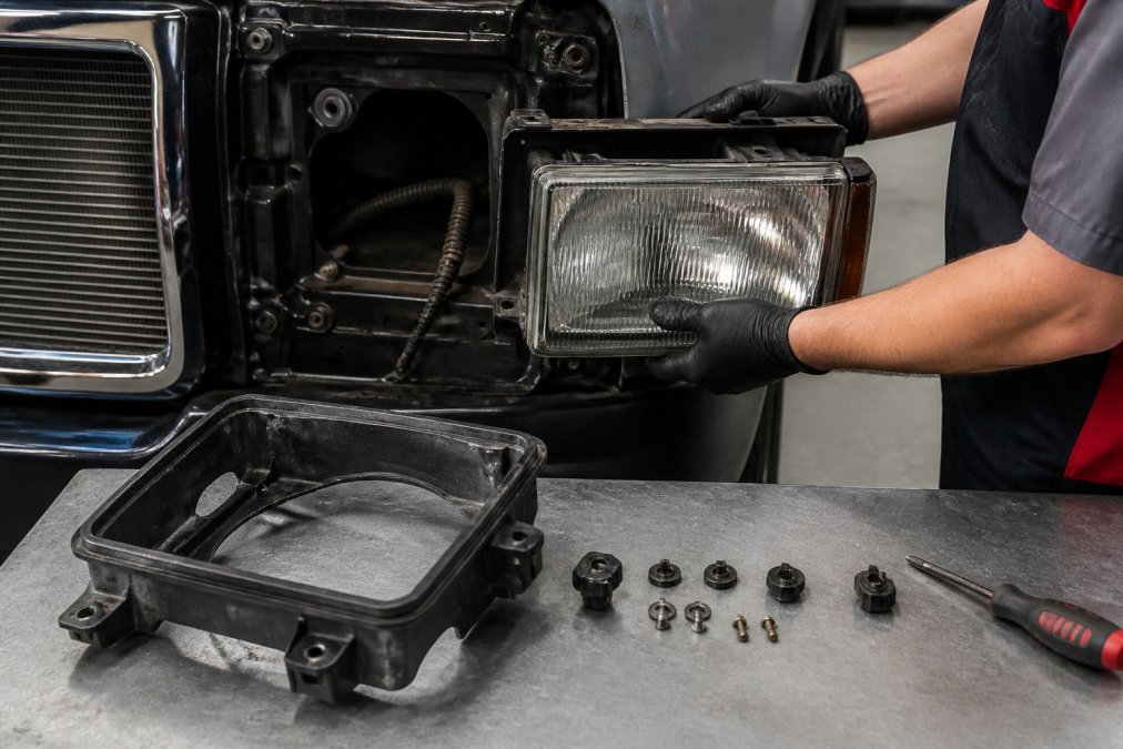 Professional mechanic's hands carefully removing a factory halogen headlight assembly from a vehicle, with the plastic housing visible and various fasteners laid out on a clean workbench